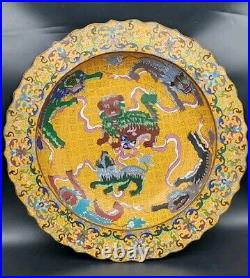 Yellow Cloisonne Enamel Bronze Dynasty Animal Dragons Round Plate Tray, 20.5x3