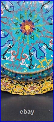 Yellow Cloisonne Enamel Bronze Dynasty Animal Dragons Round Plate Tray, 20.5x3