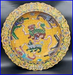 Yellow Cloisonne Enamel Bronze Dynasty Animal Dragons Round Plate Tray, 20.5x3